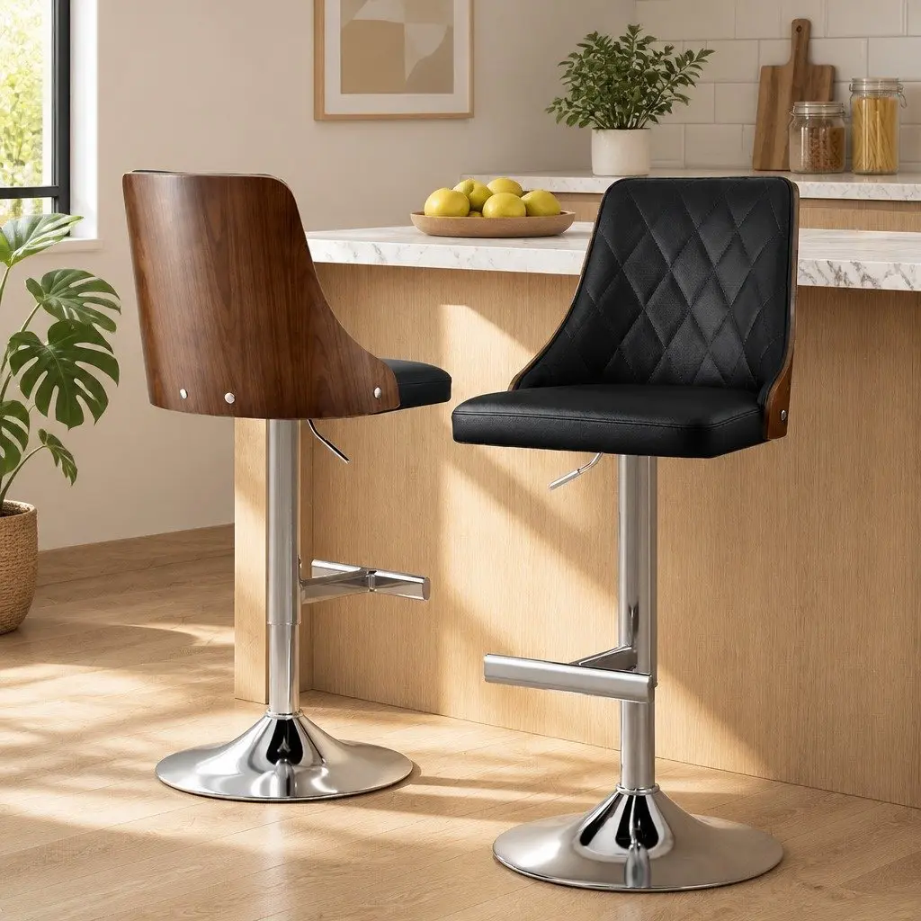 Bar Stools Black Leather Adjustable Height Set of 2 Kitchen Counter Seat