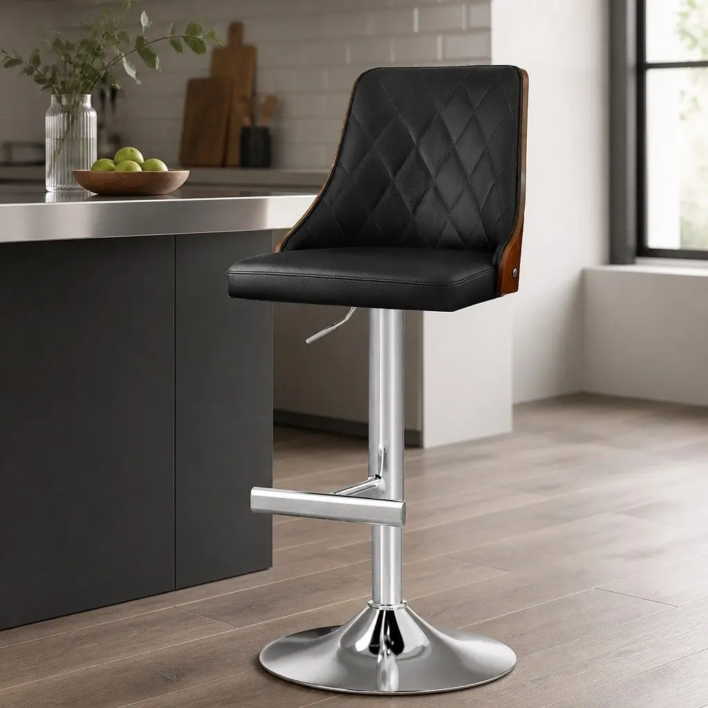 Bar Stool Adjustable Height Black Leather Bentwood 95-117cm