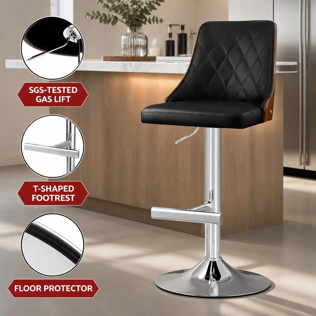 Bar Stool Adjustable Height Black Leather Bentwood 95-117cm