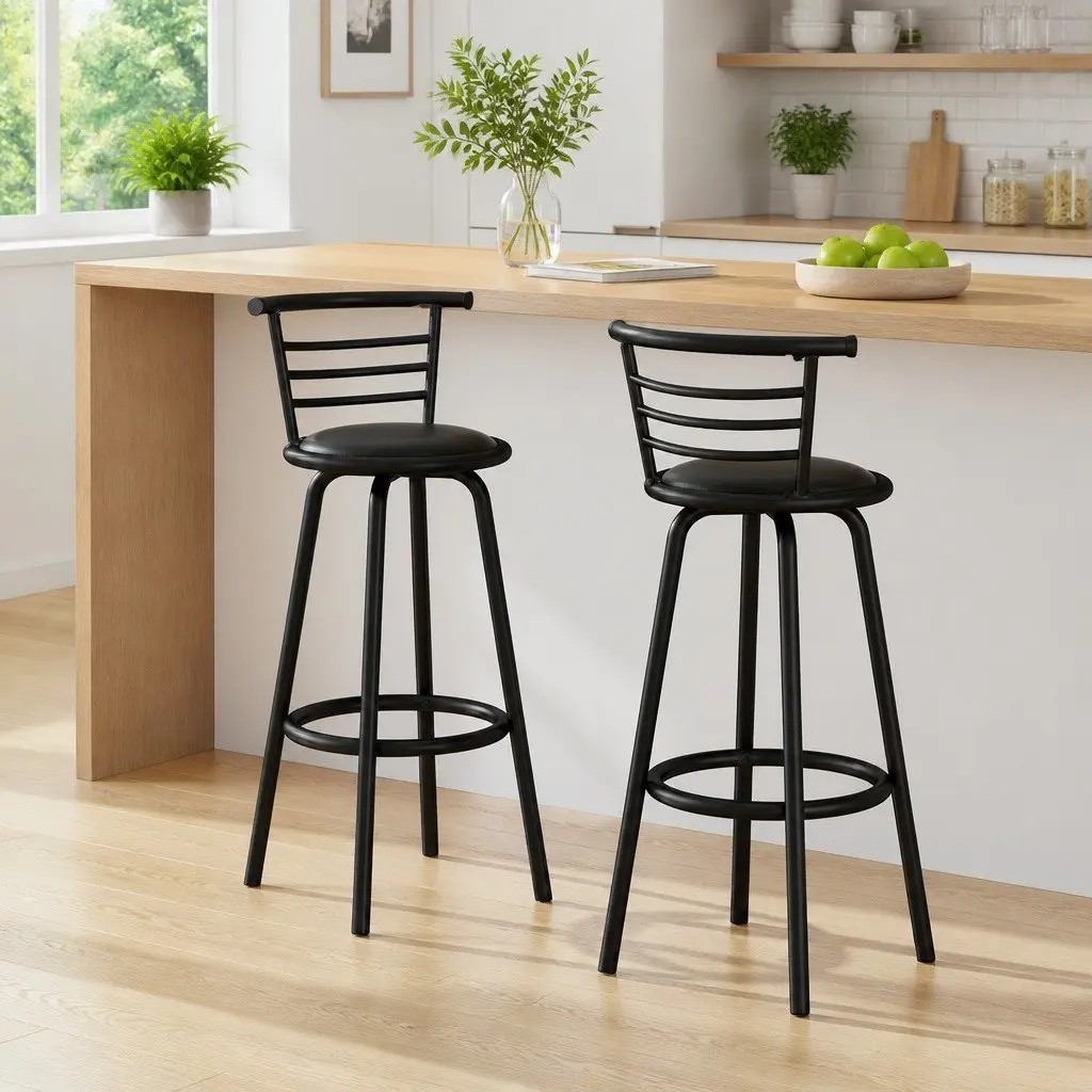 Bar Stools Swivel PU Leather Padded Black 99cm Modern Kitchen Dining Chairs Set of 2