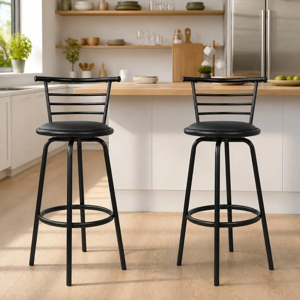 Bar Stools Swivel PU Leather Padded Black 99cm Modern Kitchen Dining Chairs Set of 2