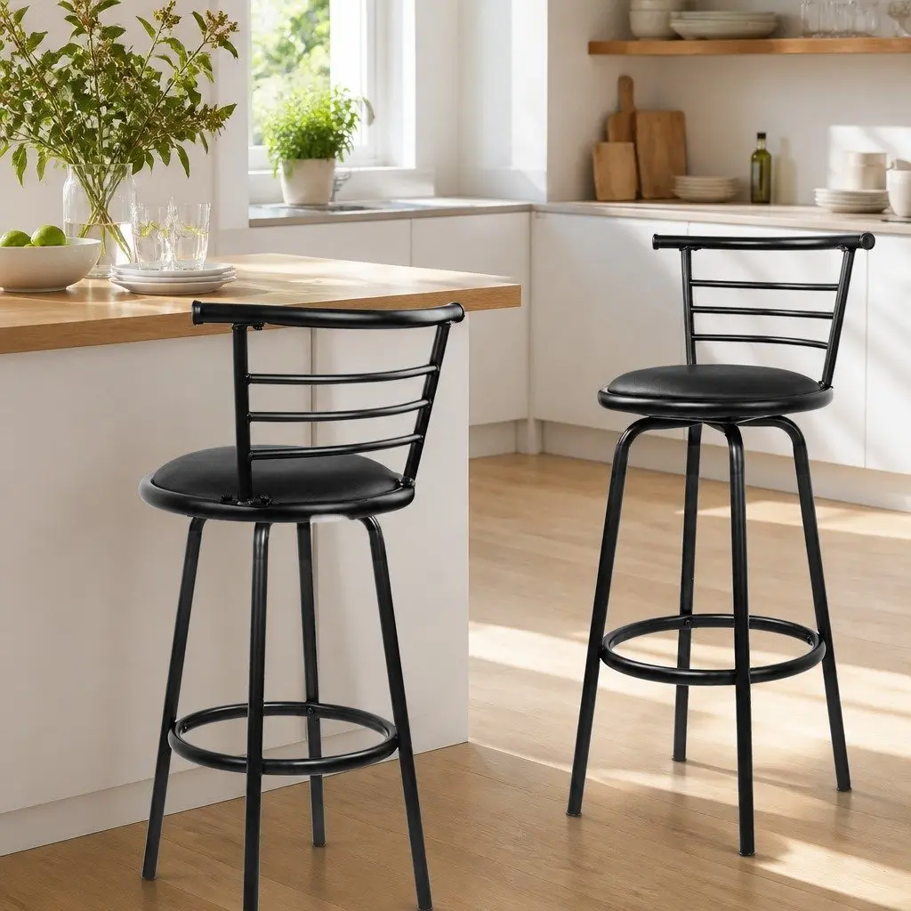 Bar Stools Swivel PU Leather Padded Black 99cm Modern Kitchen Dining Chairs Set of 2