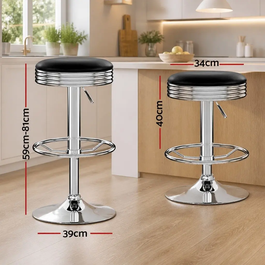 Bar Stools Backless Swivel Steel Chrome Base Black PU Leather