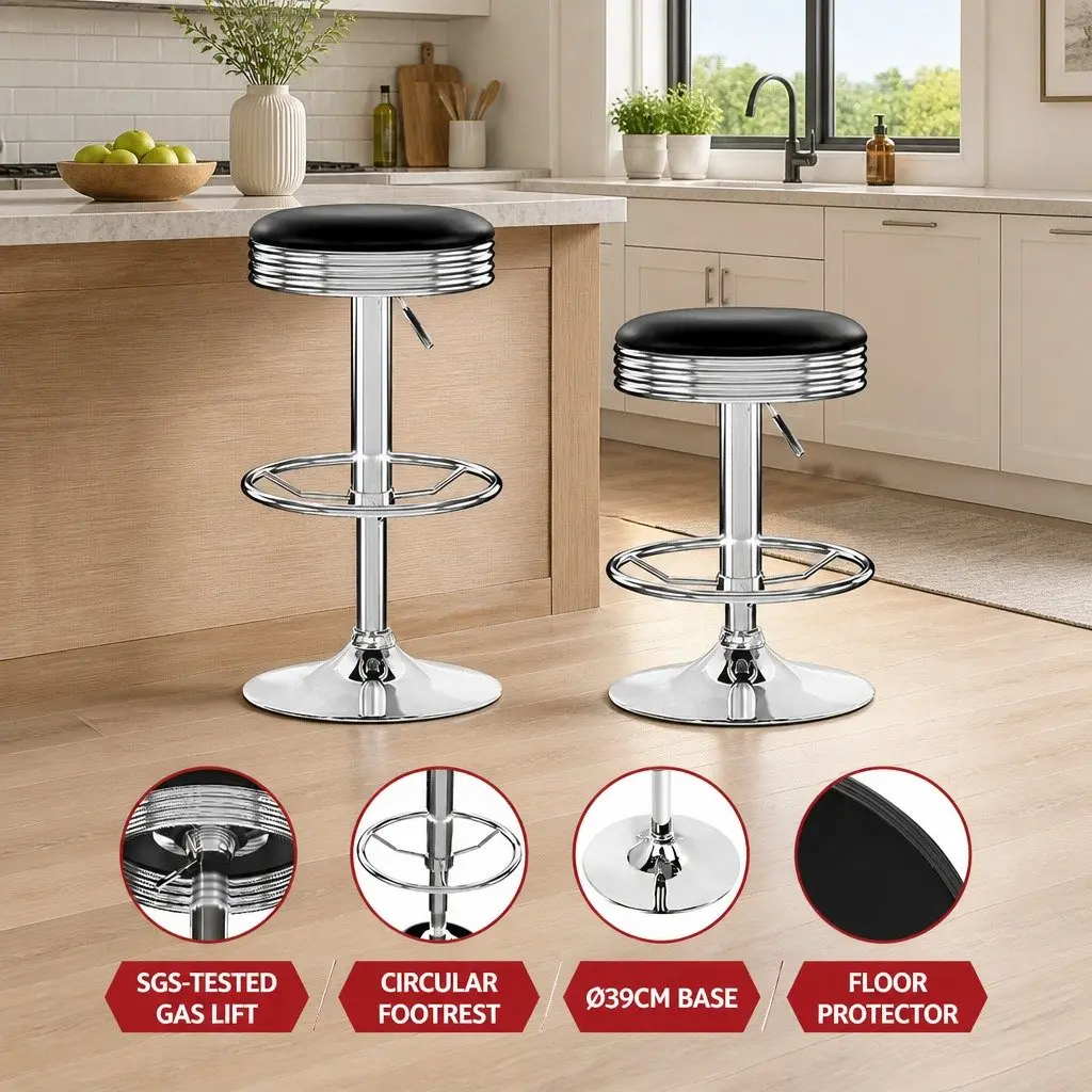 Bar Stools Backless Swivel Steel Chrome Base Black PU Leather