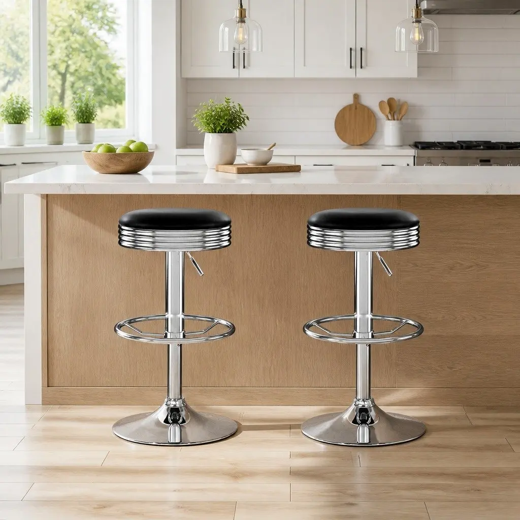 Bar Stools Backless Swivel Steel Chrome Base Black PU Leather