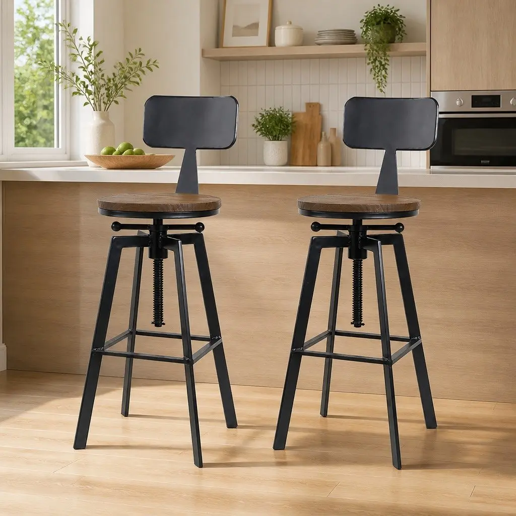 Bar Stools Steel Frame Height Adjustable 360 Degree Swivel Elm Wood Seat Black