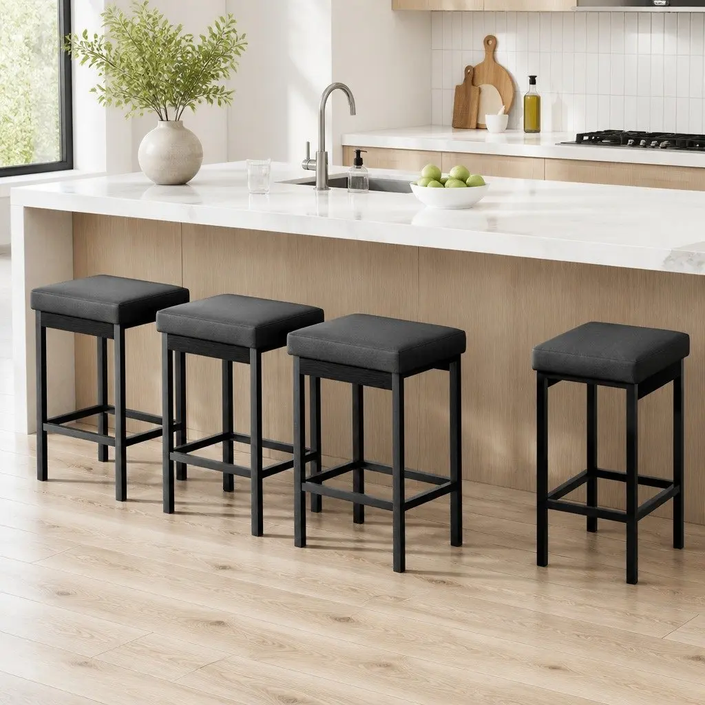 Bar Stools PU Seat Metal Frame 66cm Black Set of 4