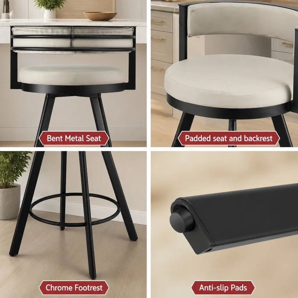 Bar Stools Metal Swivel Counter Beige Padded Seat 2 Piece