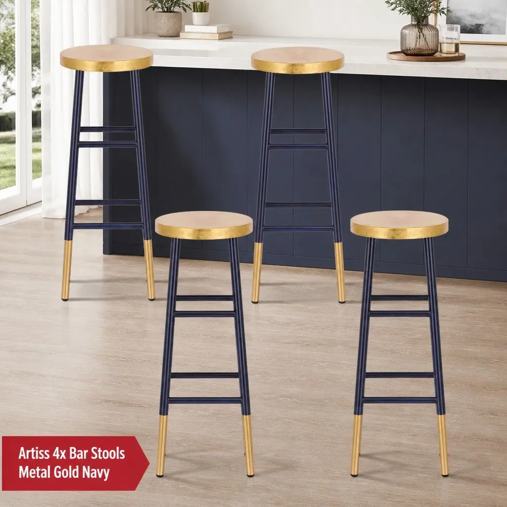 Bar Stools Metal 76cm Navy Gold Two-Tone Modern Kitchen Dining Chair Set of 4