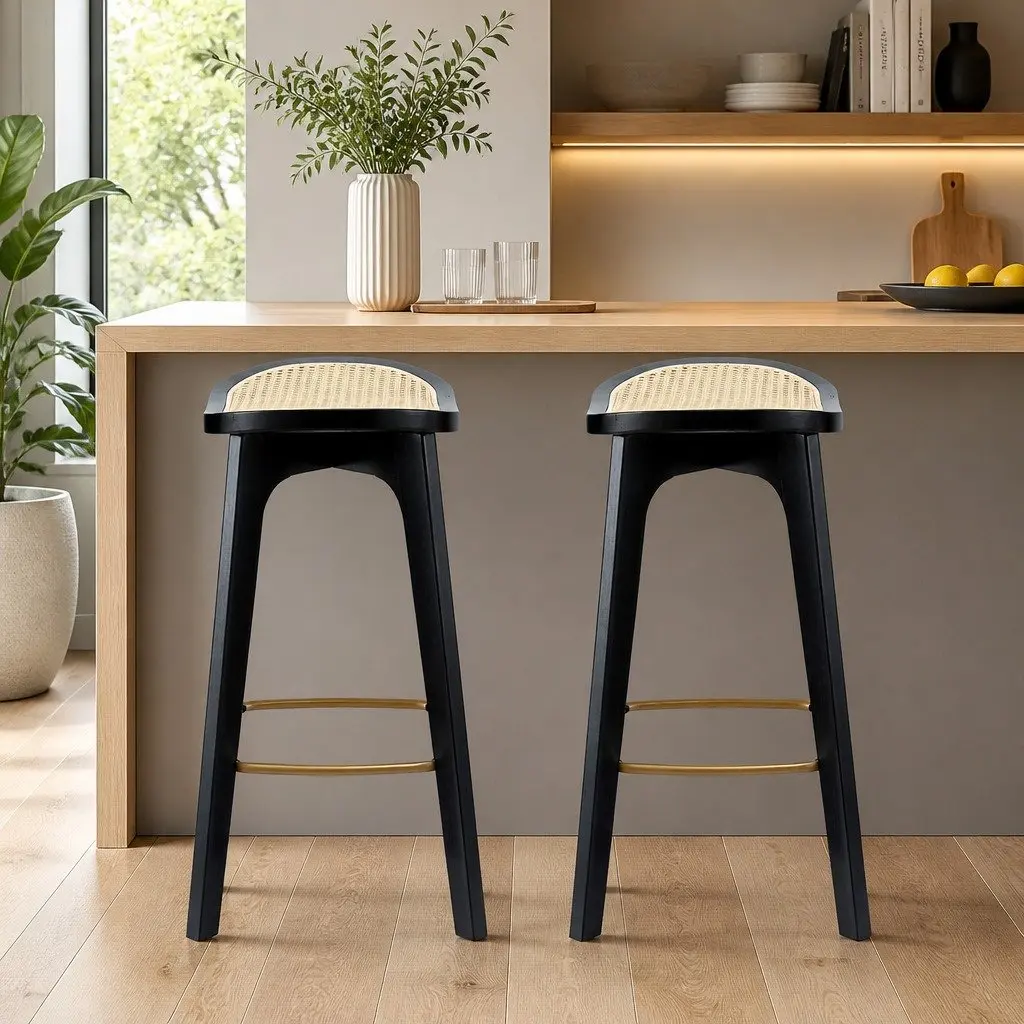 Bar Stools Rattan Woven Seat Backless Bamboo Frame Black 67cm Height Set of 2