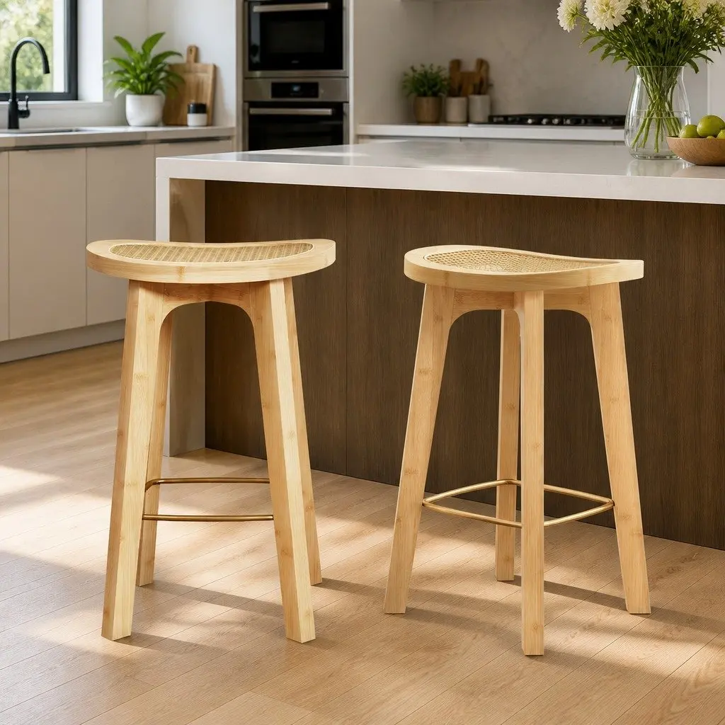 Bar Stools Rattan Seat Bamboo Frame Kitchen Counter Height Oak Set of 2