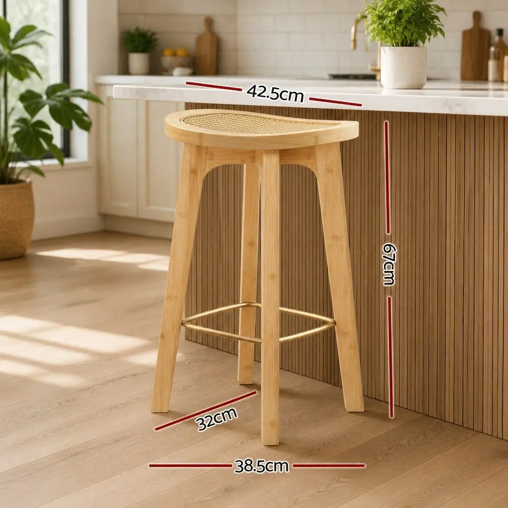 Bar Stools Rattan Seat Bamboo Frame Kitchen Counter Height Oak Set of 2
