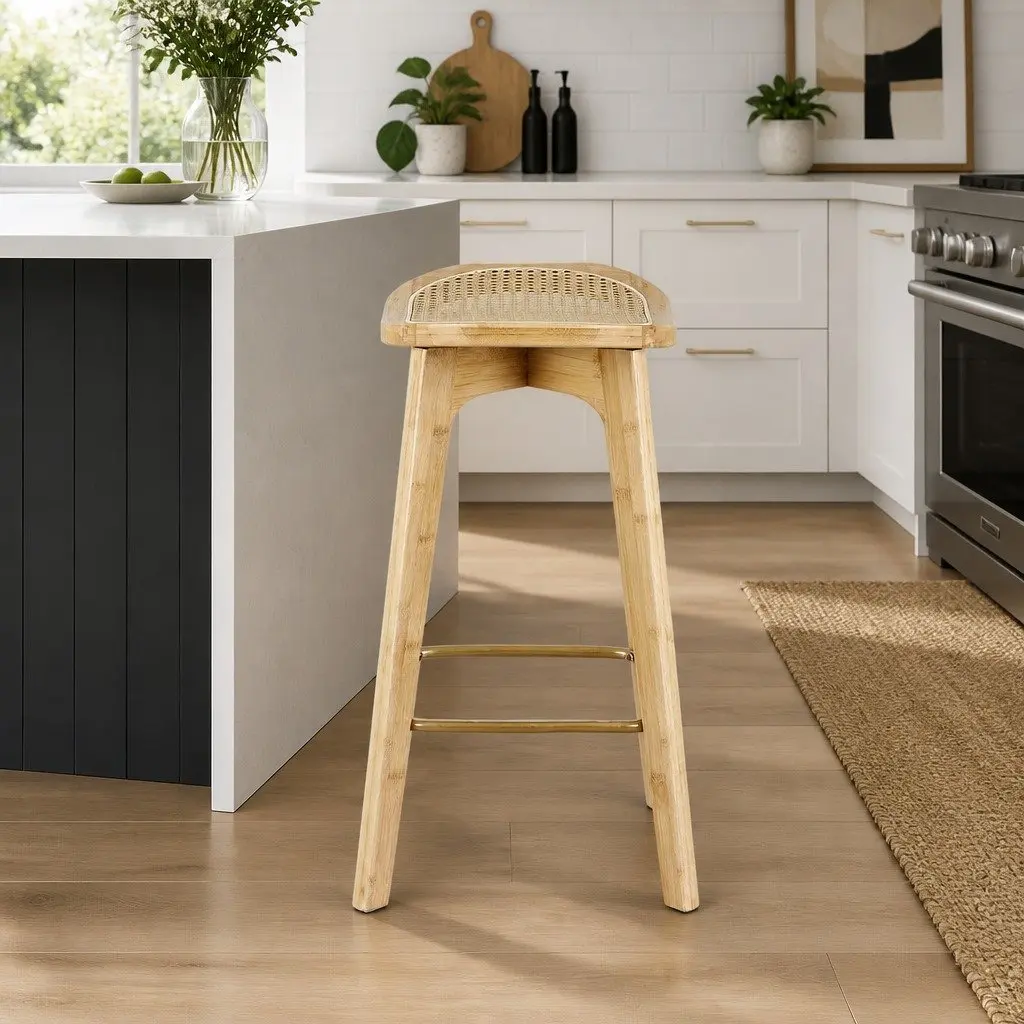 Bar Stools Rattan Seat Bamboo Frame Kitchen Counter Height Oak Set of 2