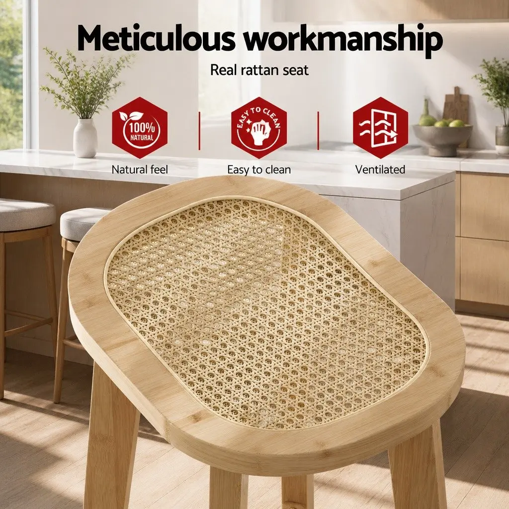 Bar Stools Rattan Seat Bamboo Frame Kitchen Counter Height Oak Set of 2