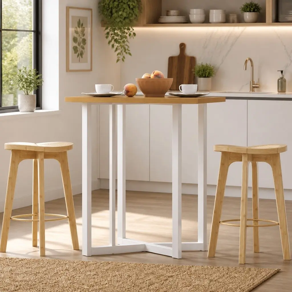 Bar Stools Rattan Seat Bamboo Frame Kitchen Counter Height Oak Set of 2