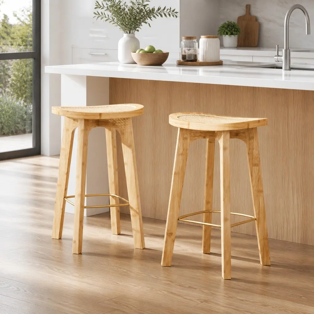 Bar Stools Rattan Seat Bamboo Frame Kitchen Counter Height Oak Set of 2