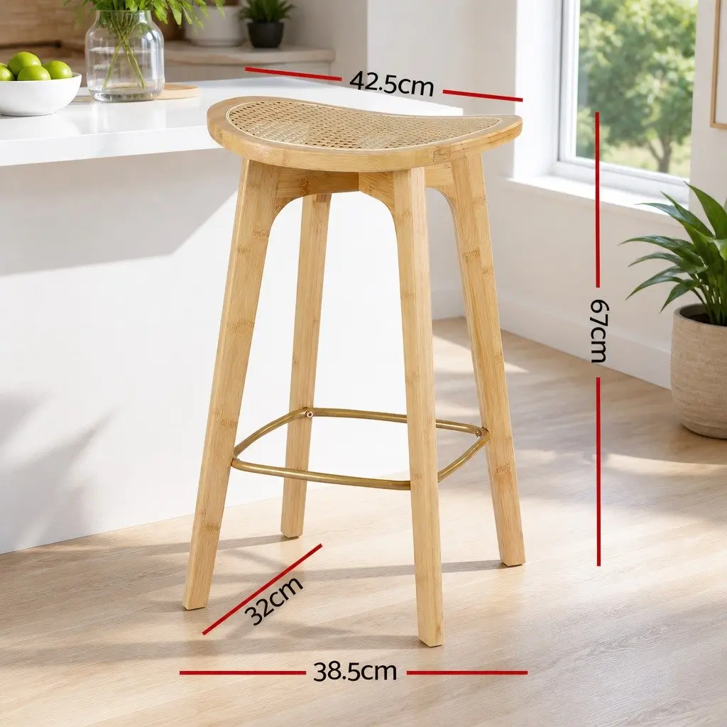 Bamboo Rattan Bar Stools 67cm High Set of 4 Kitchen Counter Dining Chairs with Footrest and Anti-Slip Floor Protectors
