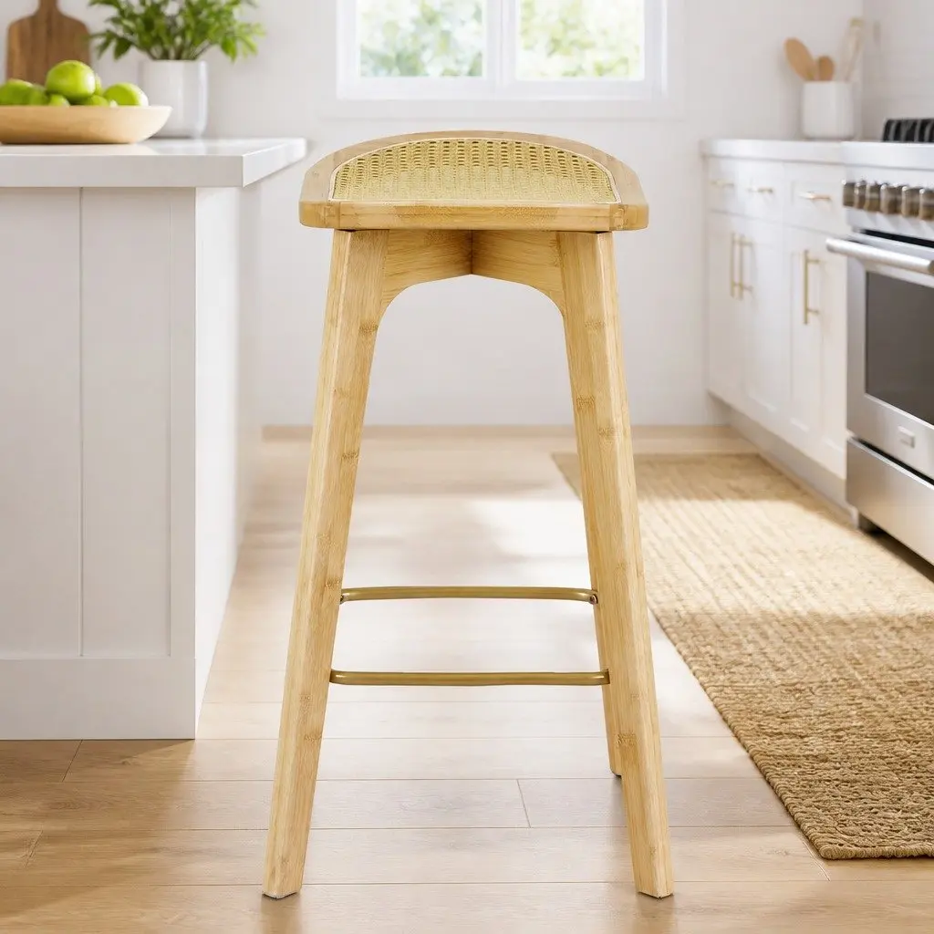 Bamboo Rattan Bar Stools 67cm High Set of 4 Kitchen Counter Dining Chairs with Footrest and Anti-Slip Floor Protectors