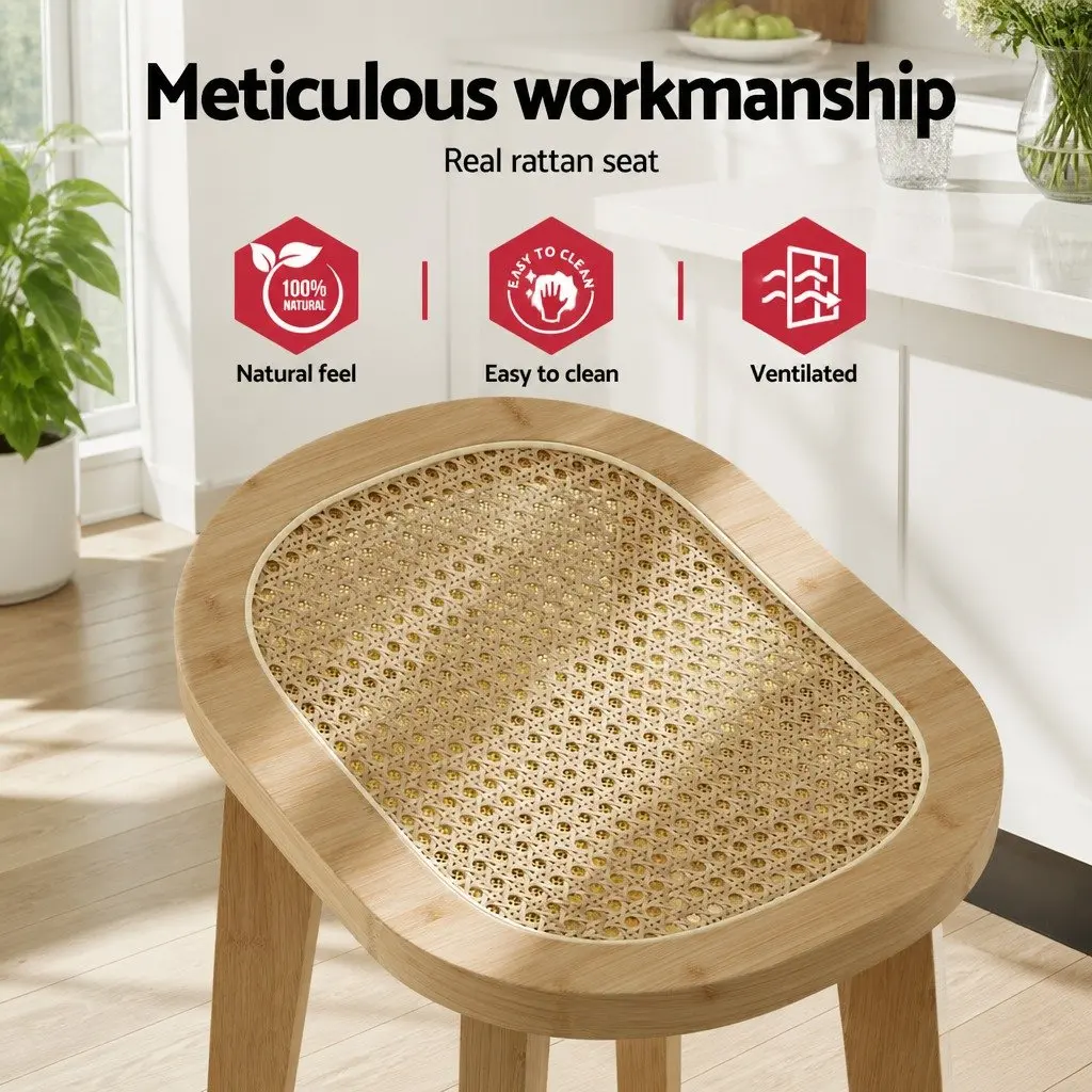 Bamboo Rattan Bar Stools 67cm High Set of 4 Kitchen Counter Dining Chairs with Footrest and Anti-Slip Floor Protectors
