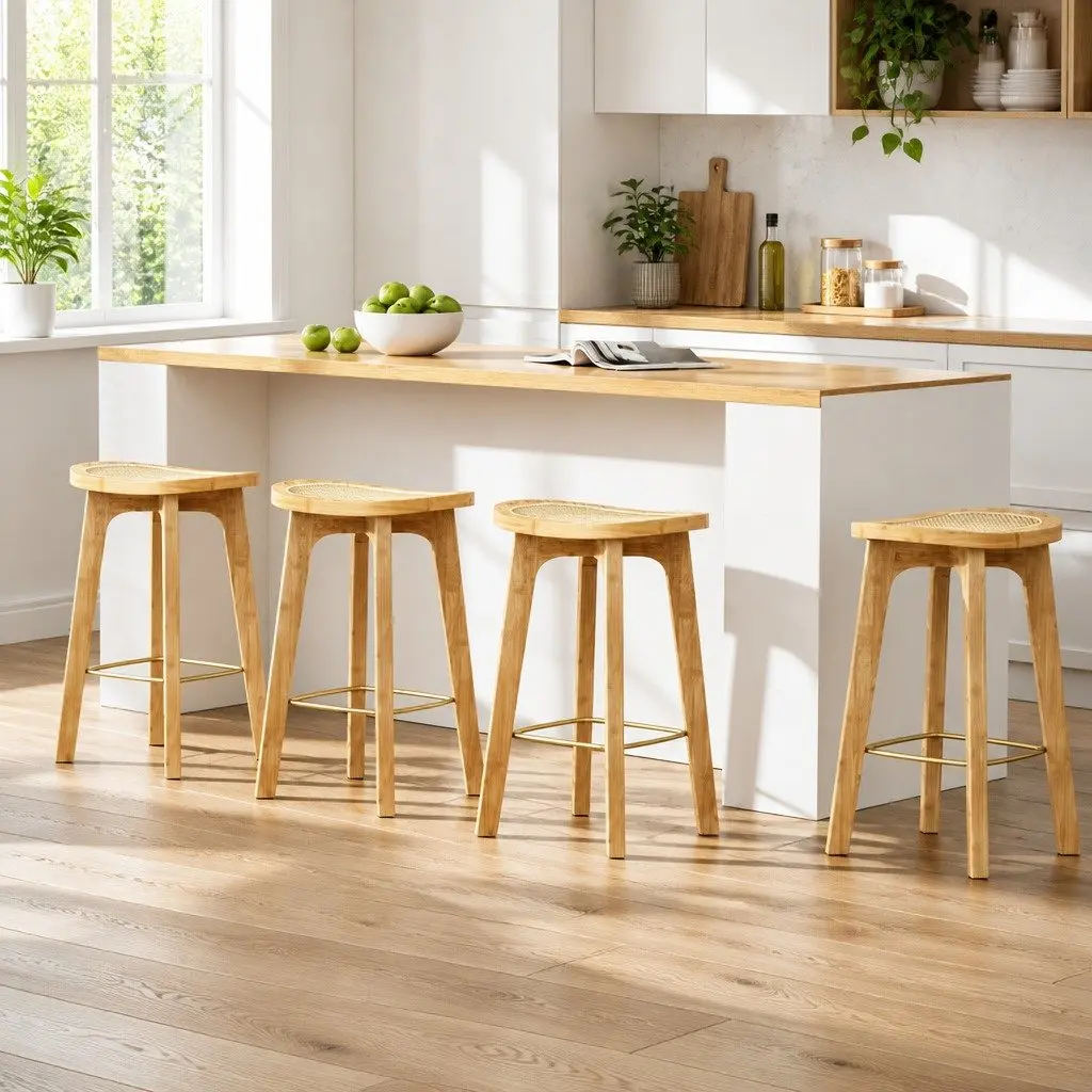Bamboo Rattan Bar Stools 67cm High Set of 4 Kitchen Counter Dining Chairs with Footrest and Anti-Slip Floor Protectors