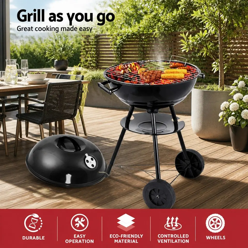 Charcoal Smoker Grill Portable Heavy Duty Steel Black with Wheels for Outdoor Cooking 50cm x 44cm x 72cm