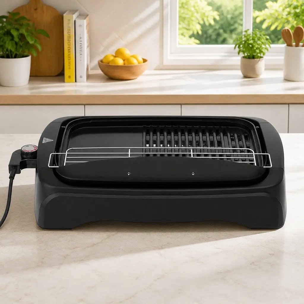 Electric BBQ Grill Non-stick Plate 52cm x 36cm Black Indoor Outdoor Smokeless 1950W