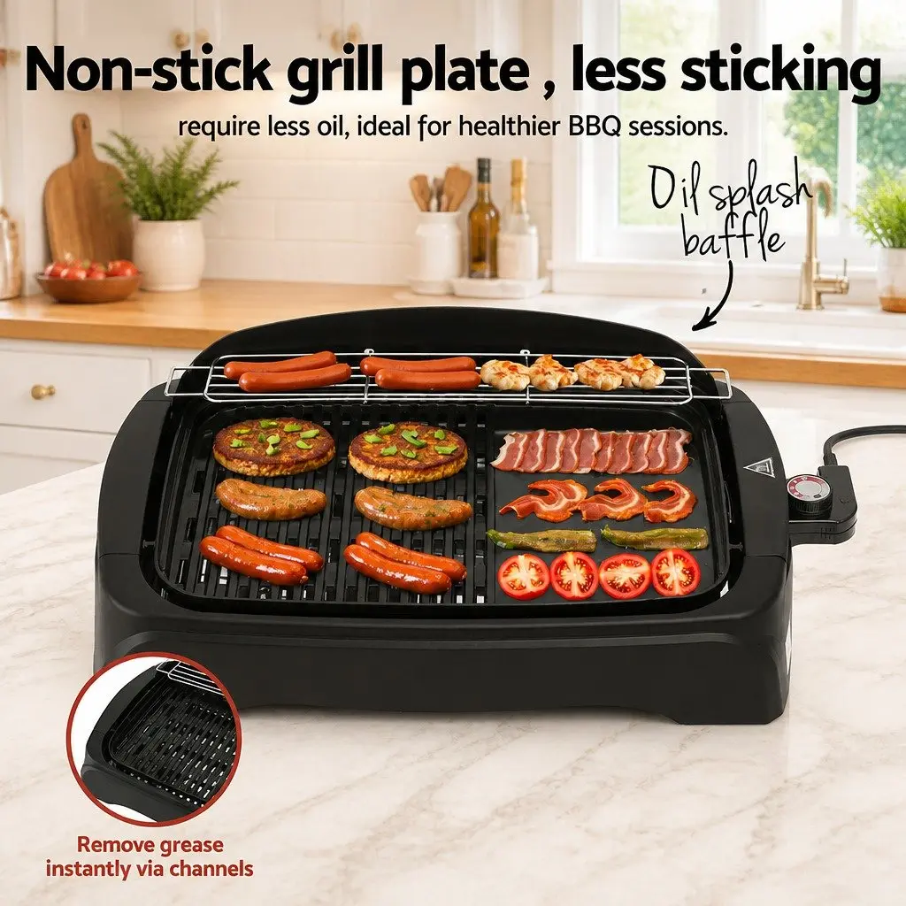 Electric BBQ Grill Non-stick Plate 52cm x 36cm Black Indoor Outdoor Smokeless 1950W