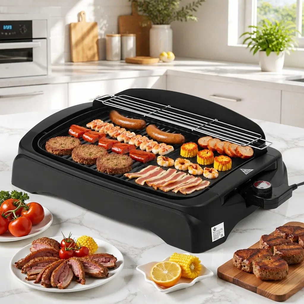 Electric BBQ Grill Non-stick Plate 52cm x 36cm Black Indoor Outdoor Smokeless 1950W