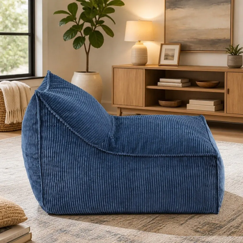 Bean Bag Chair Cover Soft Corduroy L-Shaped Lounger Sofa Blue