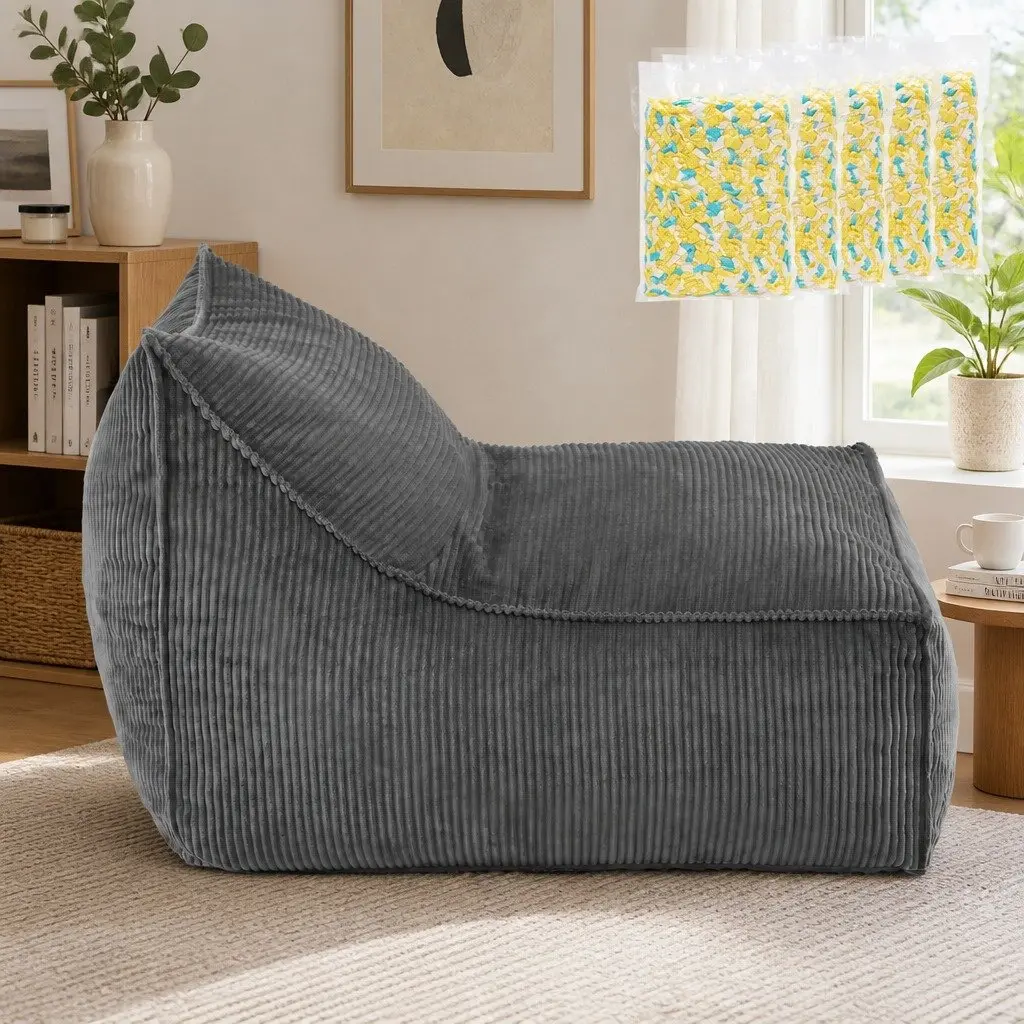 Bean Bag Chair Cover L-Shaped Corduroy Soft Foam Grey