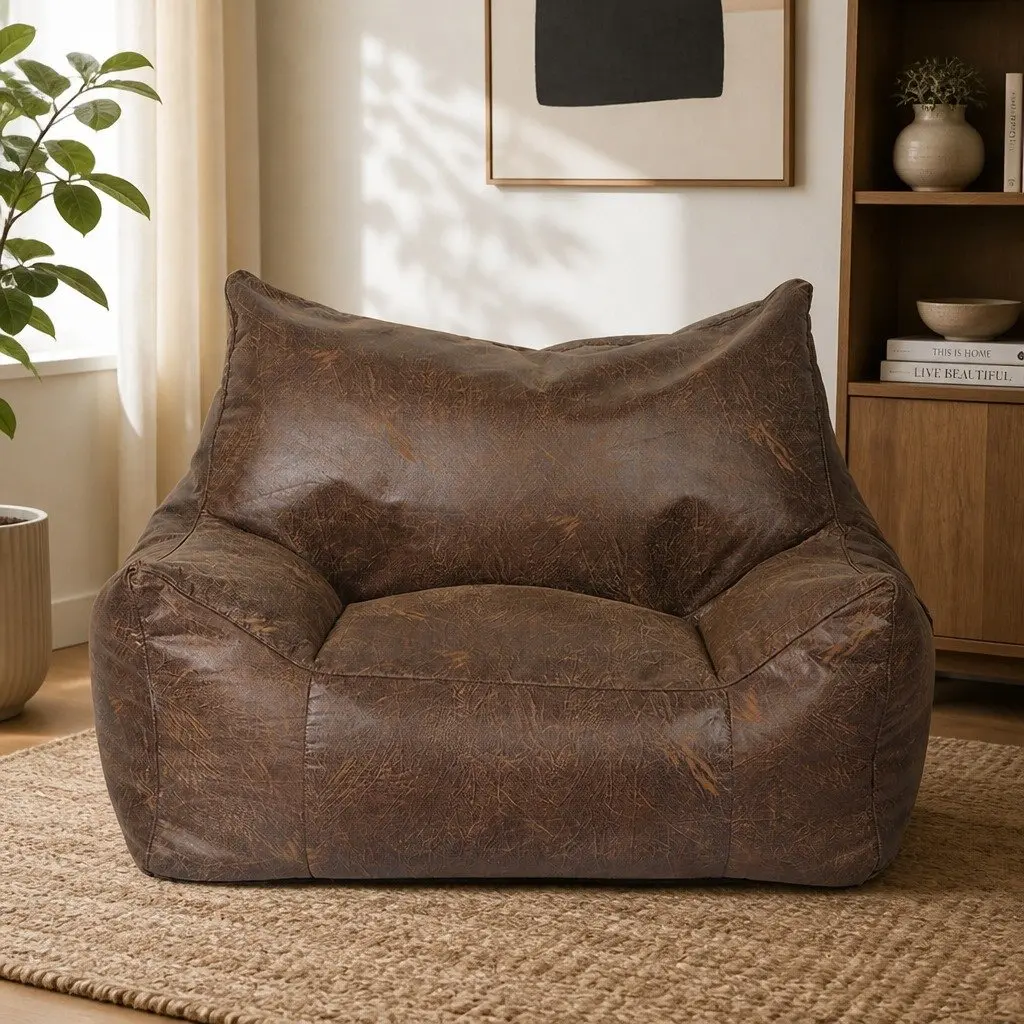 Bean Bag Chair Cover PU Leather Dark Brown Zipper Indoor 90cm W x 80cm D x 75cm H