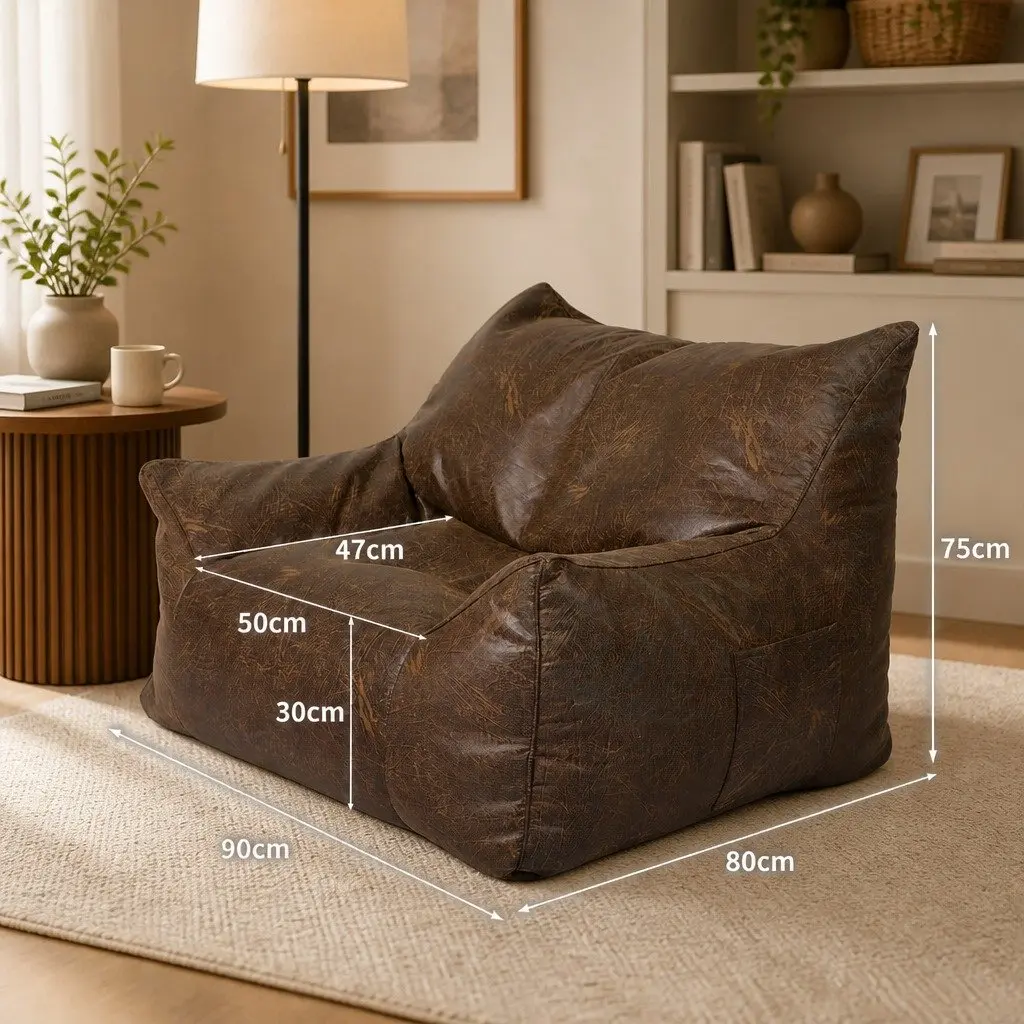 Bean Bag Chair Cover PU Leather Dark Brown Zipper Indoor 90cm W x 80cm D x 75cm H