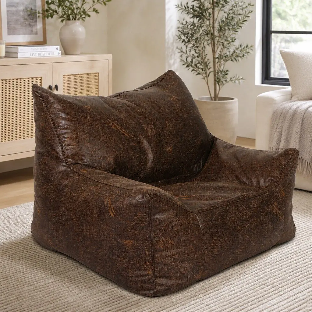 Bean Bag Chair Cover PU Leather Dark Brown Zipper Indoor 90cm W x 80cm D x 75cm H