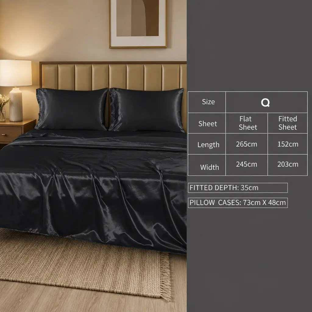 Satin Sheet Set Queen Fitted Flat Pillowcase Black Silky Smooth Lightweight