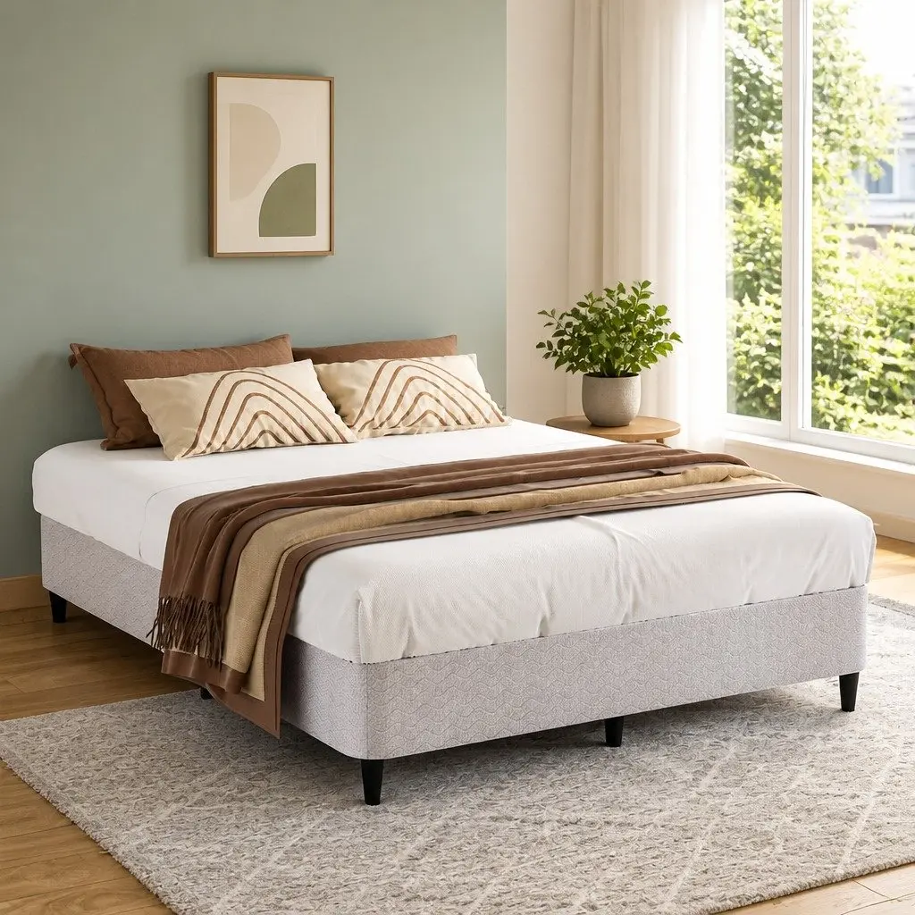 Double Bed Frame Grey Upholstered Fabric Metal Construction Slats Support 137cm x 190cm