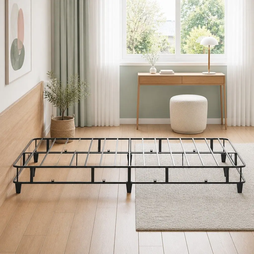 Double Bed Frame Grey Upholstered Fabric Metal Construction Slats Support 137cm x 190cm