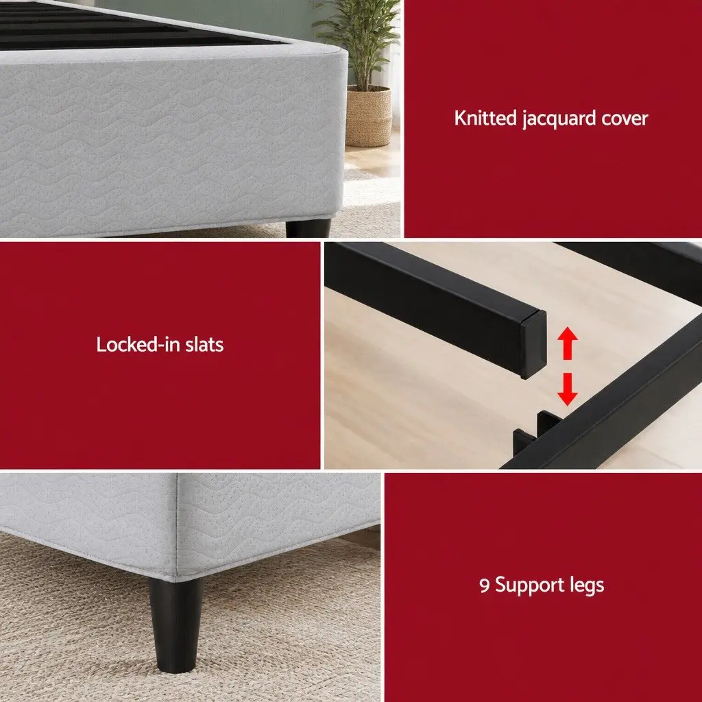 Double Bed Frame Grey Upholstered Fabric Metal Construction Slats Support 137cm x 190cm
