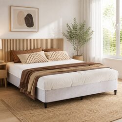 King Size Metal Bed Frame with Grey Fabric Cover Sturdy Slat Support Platform