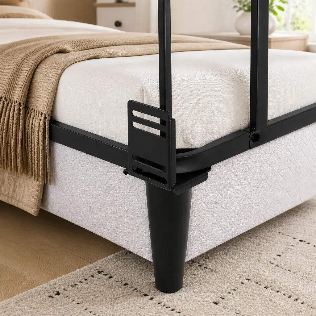 King Size Bed Frame Metal Construction Grey Fabric Cover Sturdy Slats Support