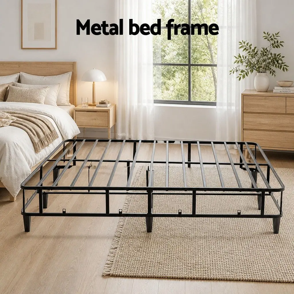 King Size Bed Frame Metal Construction Grey Fabric Cover Sturdy Slats Support