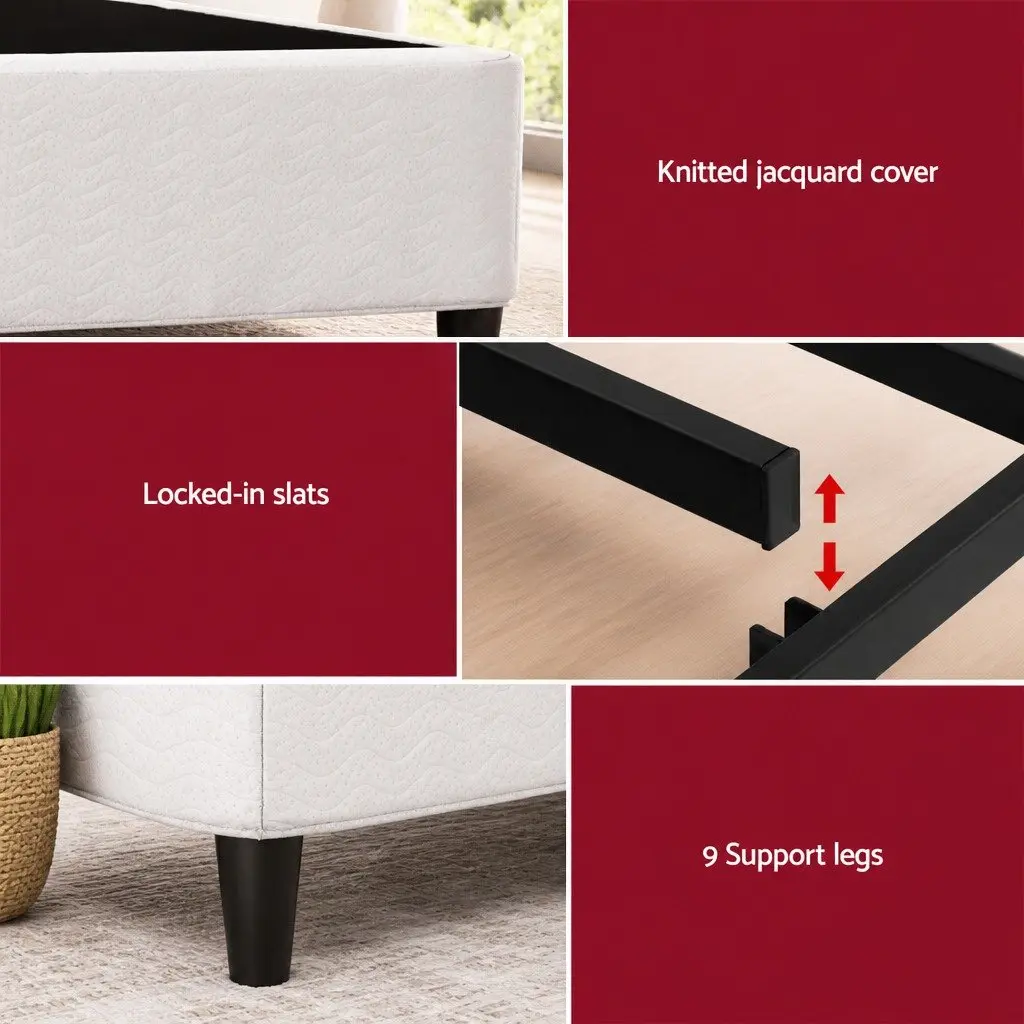 King Size Bed Frame Metal Construction Grey Fabric Cover Sturdy Slats Support