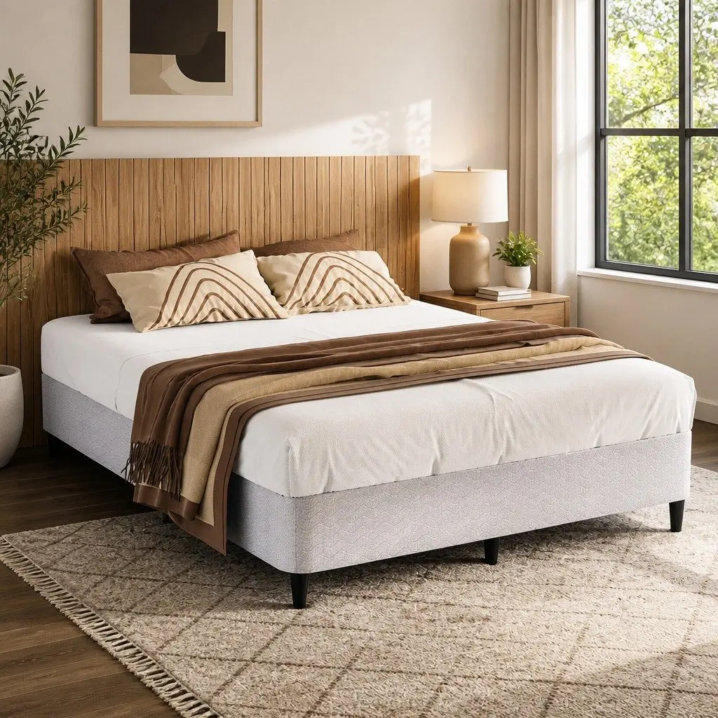 Metal Frame Bed with Grey Fabric Cover Queen Size Sturdy Construction for Bedroom