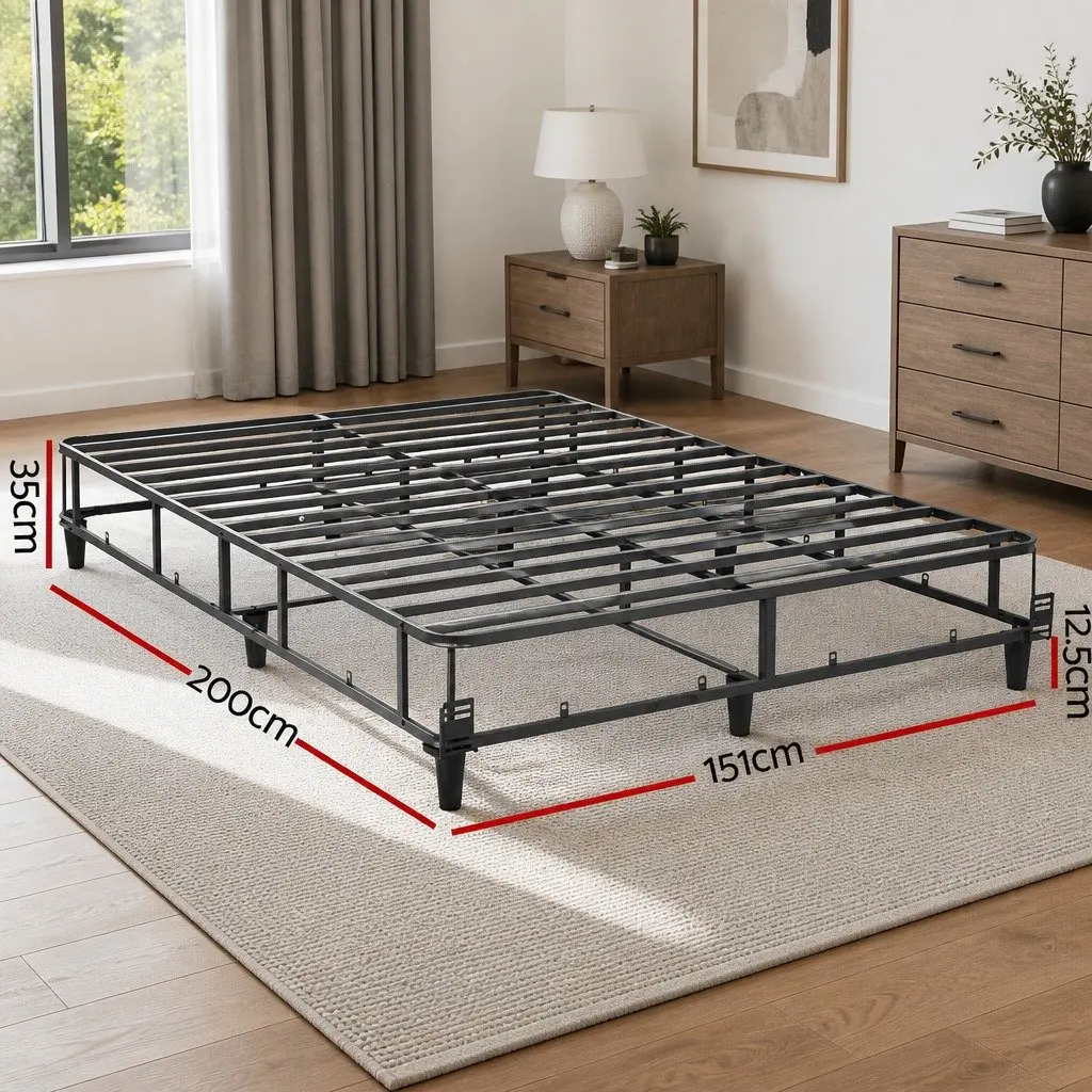 Metal Frame Bed with Grey Fabric Cover Queen Size Sturdy Construction for Bedroom