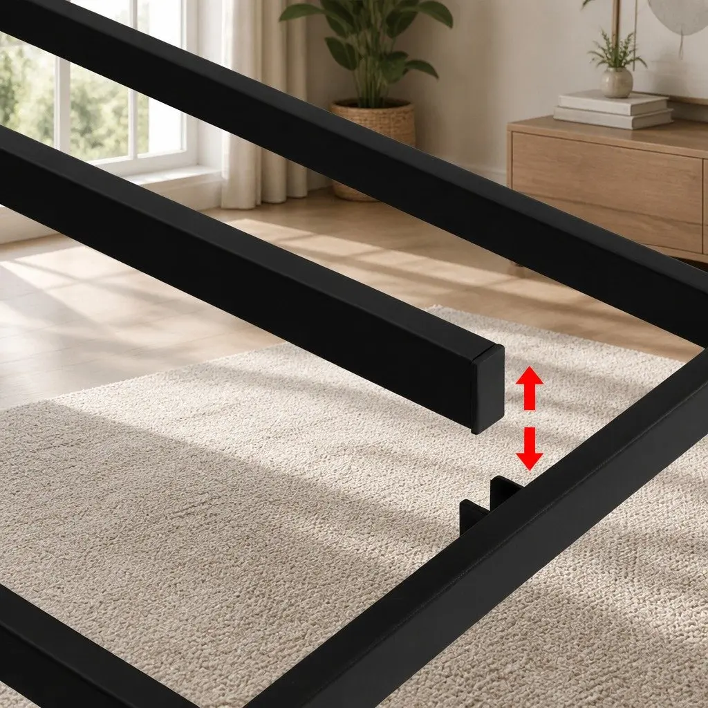 Metal Frame Bed with Grey Fabric Cover Queen Size Sturdy Construction for Bedroom