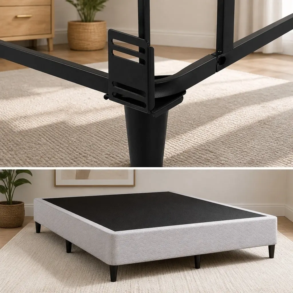 Metal Frame Bed with Grey Fabric Cover Queen Size Sturdy Construction for Bedroom