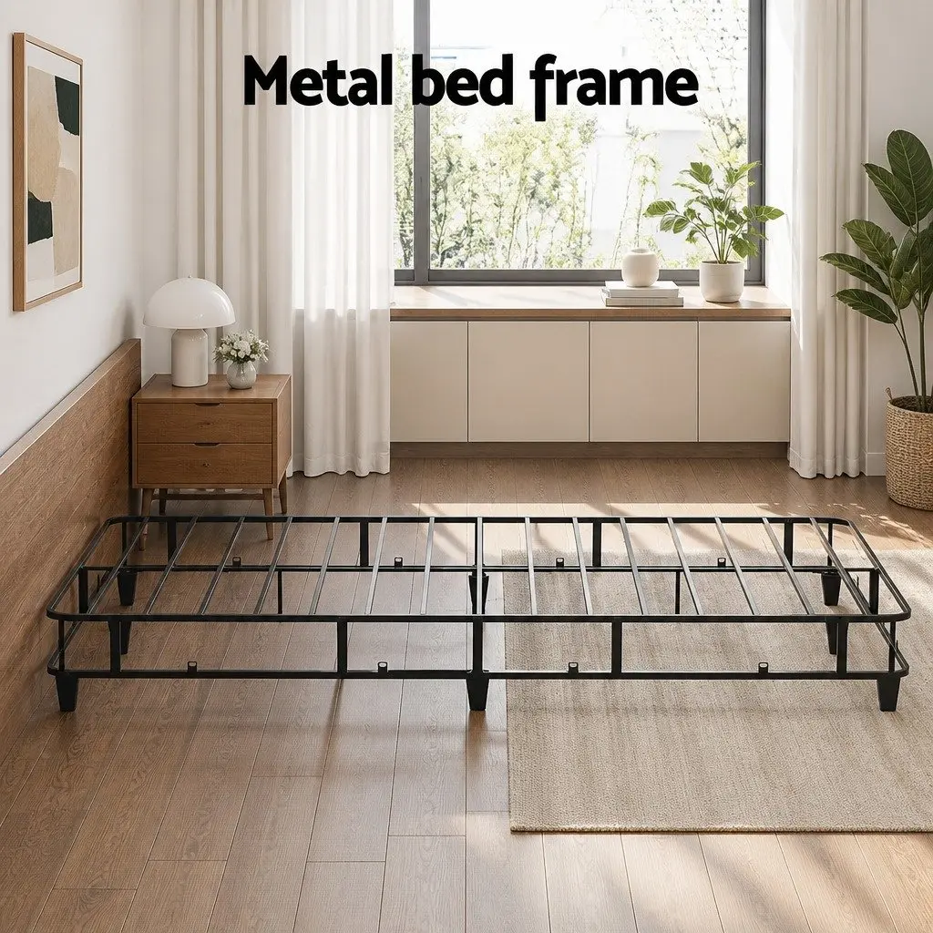 Metal Frame Bed with Grey Fabric Cover Queen Size Sturdy Construction for Bedroom