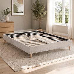 Queen Size Bed Frame Upholstered Beige Bedroom Furniture Wooden Slat Base