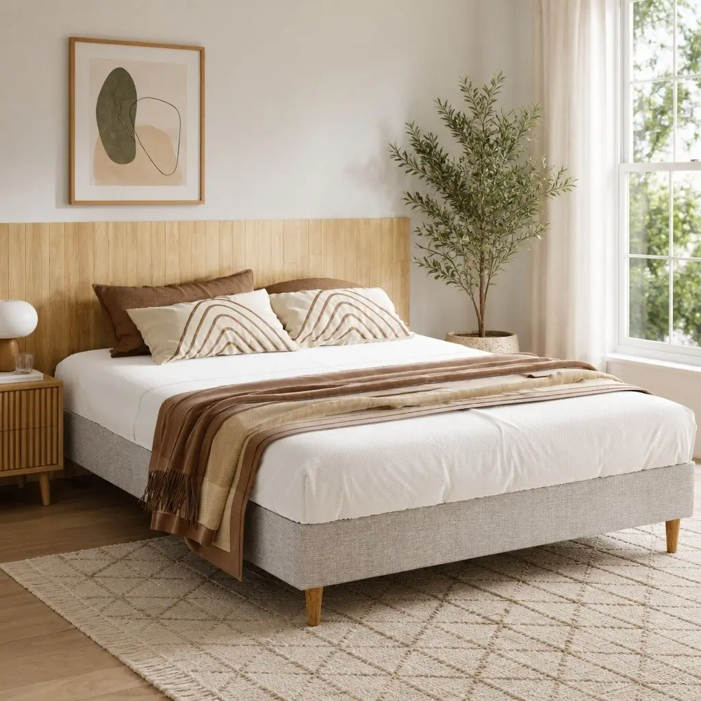 Queen Bed Frame Upholstered Faux Linen Beige Solid Wood Wooden Slat Base
