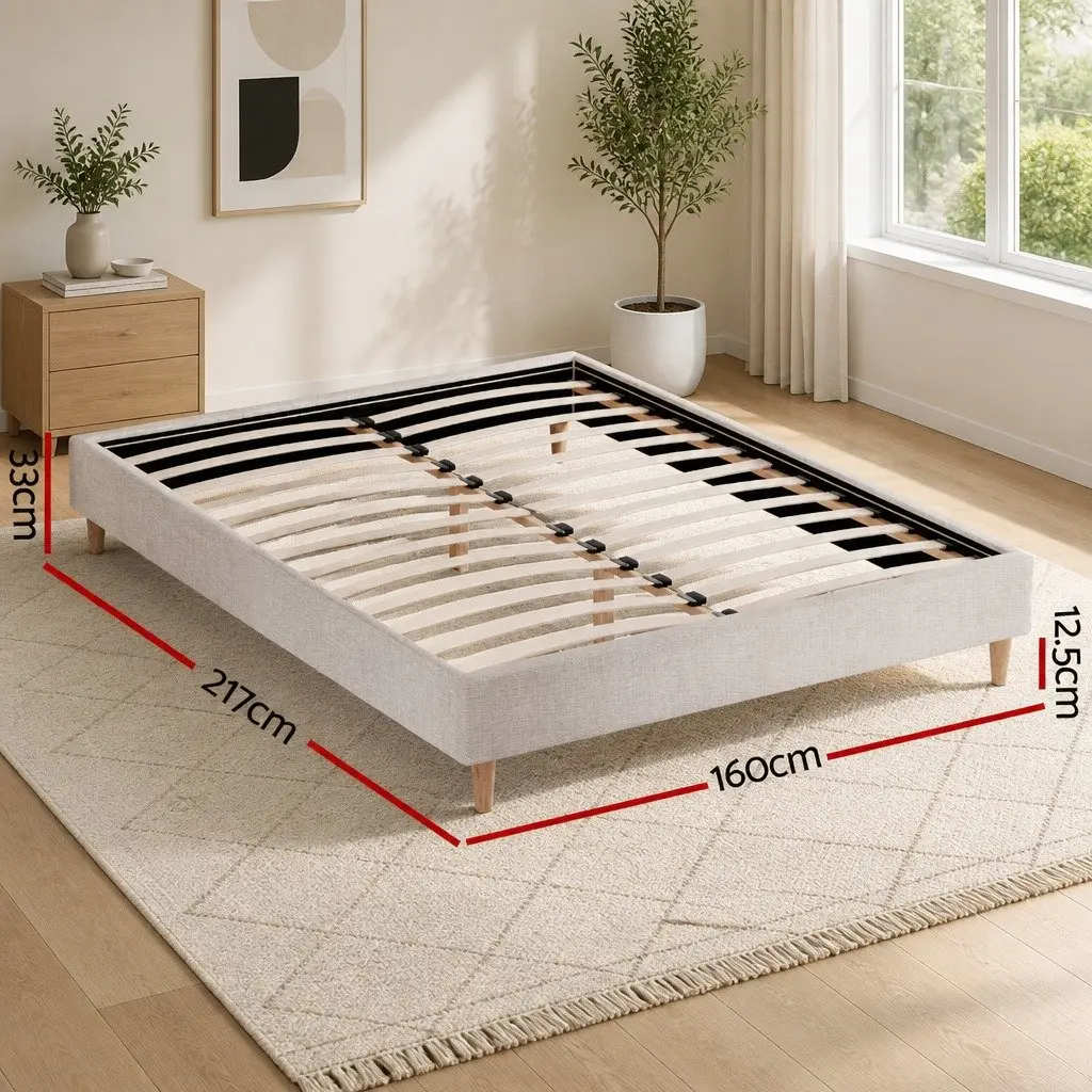 Queen Bed Frame Upholstered Faux Linen Beige Solid Wood Wooden Slat Base