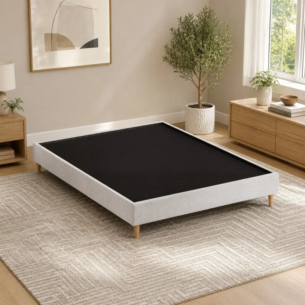 Queen Bed Frame Upholstered Faux Linen Beige Solid Wood Wooden Slat Base